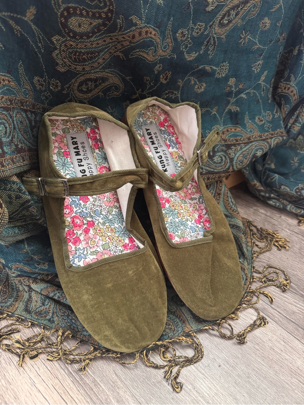 Kung Fu Mary - Olive Green Velvet Mary Jane Flats